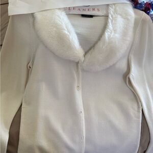 It’s Our Time White Sweater with Faux Fur collar. Size Medium.